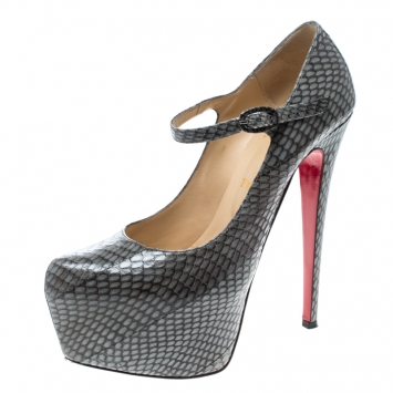 Pre Owned Christian Louboutin Grey Snakeskin Leather Lady Daf Mary Jane Platform Pumps Size 39.5
