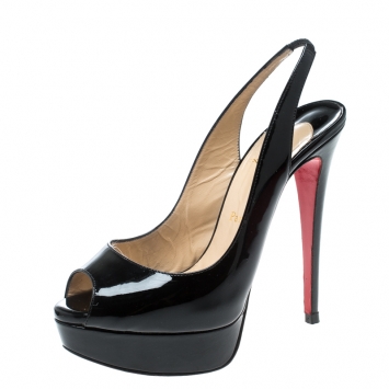 Pre Owned Christian Louboutin Black Patent Leather Lady Peep Toe Platform Slingback Sandals Size 37.5