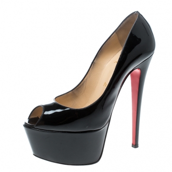 Pre Owned Christian Louboutin Black Patent Jamie Peep Toe Platform Pumps Size 38.5