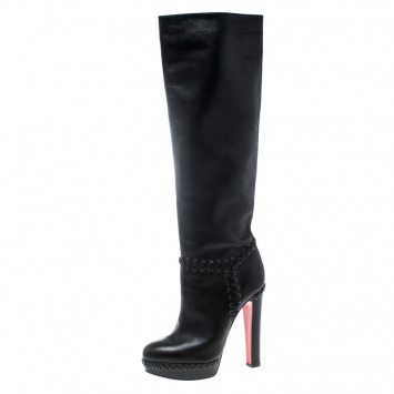Pre Owned Christian Louboutin Black Leather Braided Detail Knee Length Boots Size 39