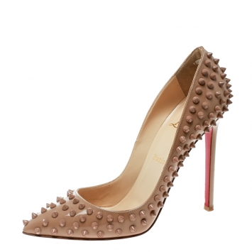 Pre Owned Christian Louboutin Beige Patent Pigalle Spikes Pumps Size 38.5