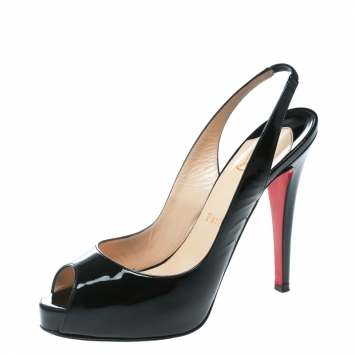 Pre Owned Christian Louboutin Black Patent Leather Private Number Peep Toe Slingback Sandals Size 37.5
