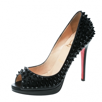 Pre Owned Christian Louboutin Black Leather Yolanda Spikes Peep Toe Pumps Size 36
