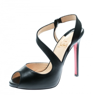 Pre Owned Christian Louboutin Black Leather Ankle Wrap Peep Toe Sandals Size 36.5