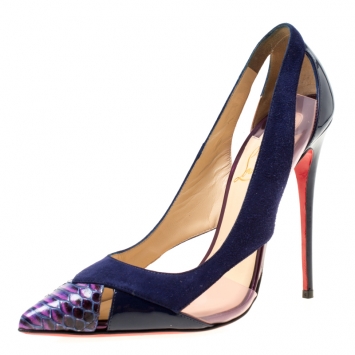 Pre Owned Christian Louboutin Blue Suede and Python Leather Galata Pointed Toe Cutout Pumps Size 37.5