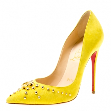 Pre Owned Christian Louboutin Neon Yellow Suede Door Knock Studded Pointed Toe Pumps Size 35