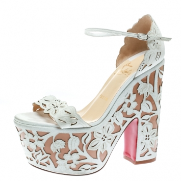 Pre Owned Christian Louboutin Two Tone Suede Laser Cut Floral Overlay Houghton Platform Sandals Size 37.5