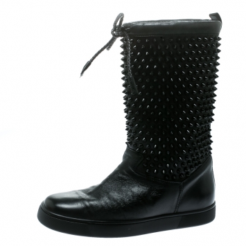 Pre Owned  Christian Louboutin Black Leather Surlapony Spiked Mid Calf Boots Size 38