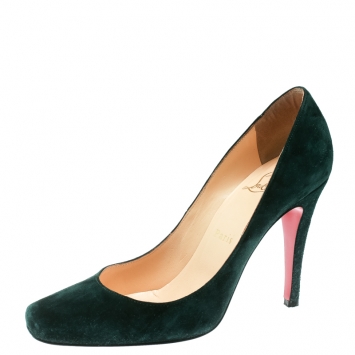 Pre Owned Christian Louboutin Green Suede Particule Square Toe Pumps Size 37.5
