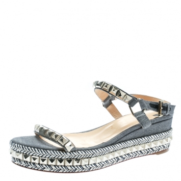 Pre Owned Christian Louboutin Light Blue Canvas Pyraclou Studded Ankle Strap Platform Sandals Size 39