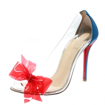 Pre Owned Christian Louboutin Blue Leather With Red PVC Bow Tip Peep Toe Pumps Size 39