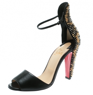 Pre Owned Christian Louboutin Black Leather Tropanita Spiked Sandals Size 36.5