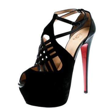 Pre Owned Christian Louboutin Black Suede/Braided Leather Carlota Cut Out Peep Toe Sandals Size 39