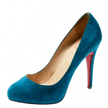 Pre Owned Christian Louboutin Turquoise Suede Platform Pumps Size 37.5
