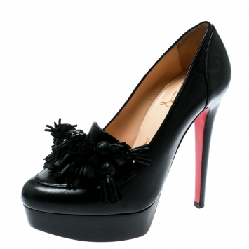 Pre Owned Christian Louboutin Black Leather Agence Tasseled Detail Platform Loafer Pumps Size 37