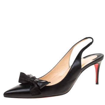 Pre Owned Christian Louboutin Black Leather Yasling Bow Detail Pointed Toe Slingback Sandals Size 39