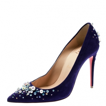 Pre Owned Christian Louboutin Blue Pearl Embellished Suede Pop Pointed Toe Pumps Size 38