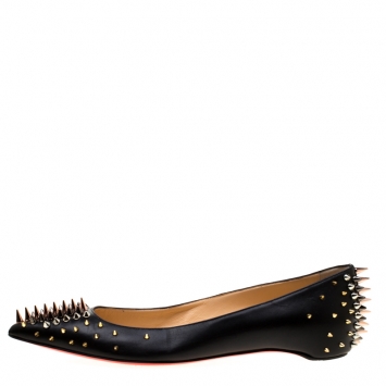 Pre Owned Christian Louboutin Black Leather Spike Goldoflat Ballet Flats Size 41