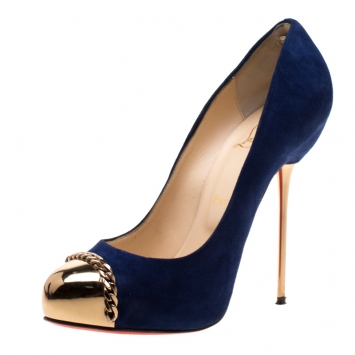 Pre Owned Christian Louboutin Oxford Blue Suede Metallip Chain Detail Metal Cap Toe Pumps Size 37.5