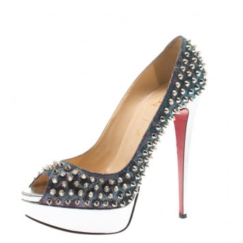 Pre Owned Christian Louboutin Metallic Lame Lady Peep Spike Platform Pumps Size 40.5
