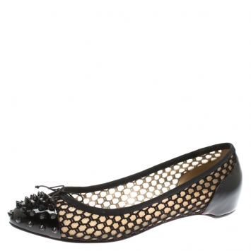 Pre Owned Christian Louboutin Black Patent Leather With Cord Mix Spike Cap Toe Ballet Flats Size 40.5