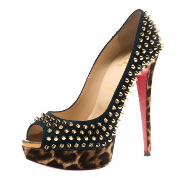 Pre Owned Christian Louboutin Blue Suede and Leopard Pony Hair Spiked Lady Peep Toe Platform Pumps Size 40