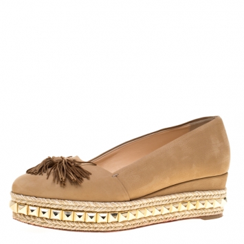 Pre Owned Christian Louboutin Nubuck Leather Carmel CA Wedge Espadrille Size 37