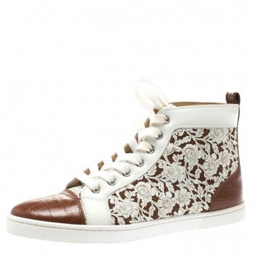 Pre Owned Christian Louboutin White Floral Laser Cut Leather And Brown Croc Embossed Leather Cap Toe Bip Bip High Top Sneakers Size 36