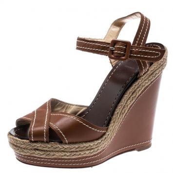 Pre Owned Christian Louboutin Brown Leather Almeria Cross Strap Espadrille Wedge Sandals Size 36