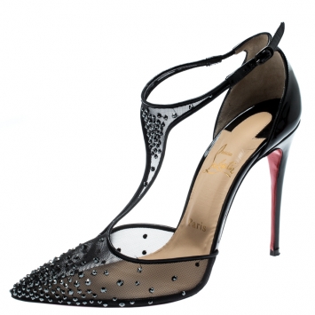 Pre Owned Christian Louboutin Black Mesh And Patent Leather Embellished Patinana T-Strap Pointed Toe Sandals Size 39.5