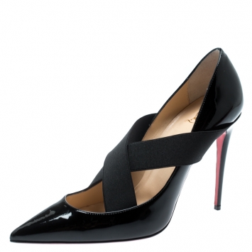 Pre Owned Christian Louboutin Black Patent Leather Sharpstagram Cross Strap Pointed Toe Pumps Size 39.5