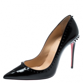 Pre Owned Christian Louboutin Black Studded Patent Leather Anjalina Pumps Size 38