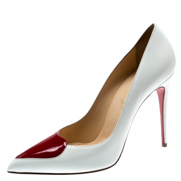 Pre Owned Christian Louboutin White Patent Leather Doracora Red Heart Pumps Size 39.5