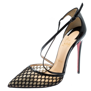 Pre Owned Christian Louboutin Black Mesh/Patent Leather Blake Cross Strap Pointed Toe Sandals Size 38.5