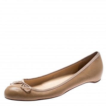 Pre Owned Christian Louboutin Beige Leather Bow Ballet Flats Size 40.5
