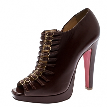 Pre Owned Christian Louboutin Brown Leather Manon Buckle Detail Open Toe Ankle Boots Size 37.5
