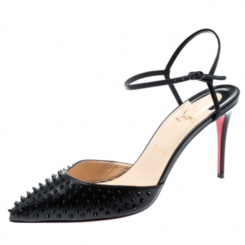 Pre Owned Christian Louboutin Black Leather Spike Baila Ankle Strap Sandals Size 40.5