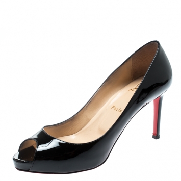 Pre Owned Christian Louboutin Black Patent Leather No Matter Peep Toe Pumps Size 40
