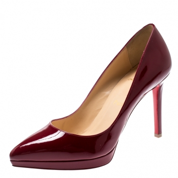 Pre Owned Christian Louboutin Maroon Patent Leather Pigalle Plato Platform Pumps Size 37.5