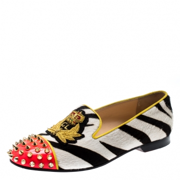 Pre Owned Christian Louboutin Monochrome Zebra Print Pony Hair And Neon Pink Patent Leather Rollerboy Spike Loafers Size 36