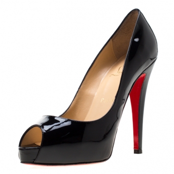 Pre Owned Christian Louboutin Black Patent Leather Hyper Prive Peep Toe Platform Pumps Size 37.5