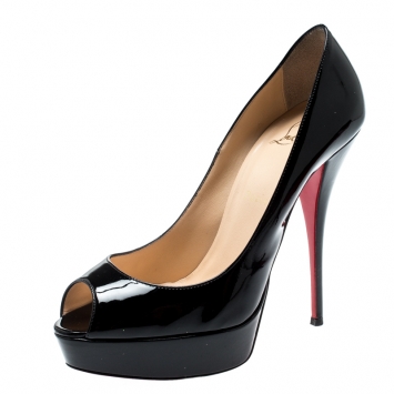 مملوكة مسبقًا Christian Louboutin Black Patent Leather Lady Peep Toe Platform Pumps Size 39
