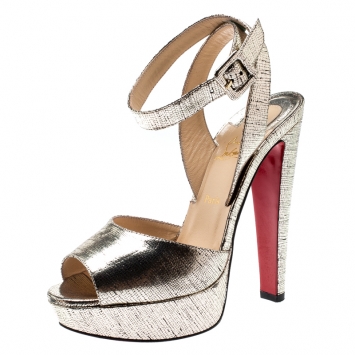Pre Owned Christian Louboutin Metallic Gold Lame Textured Leather Louloudancing Ankle Strap Platform Sandals Size 37.5