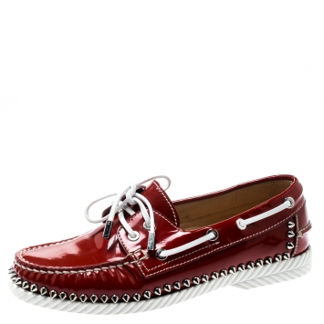 Pre Owned Christian Louboutin Red Patent Leather Steckel Spike Boat Loafers Size 38