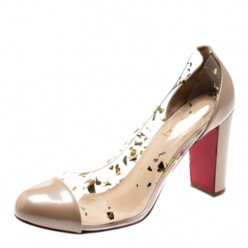 Pre Owned Christian Louboutin Beige Patent Leather And PVC Un Bout Rond Block Heel Pumps Size 38.5