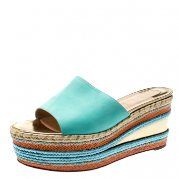 Pre Owned Christian Louboutin Multicolor Leather And Woven Espadrille Platform Slides Size 39
