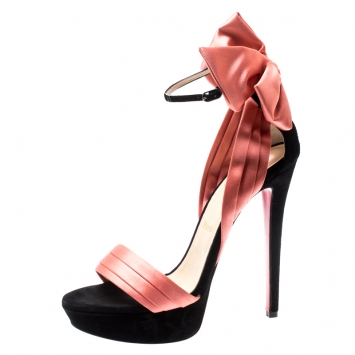 Pre Owned Christian Louboutin Coral/Black Suede And Satin Bow Vampanodo Ankle Strap Sandals Size 39