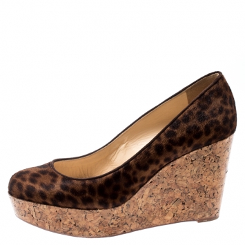 Pre Owned Christian Louboutin Brown Leopard Print Pony Hair Coroclic Cork Wedge Platform Pumps Size 39