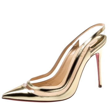 Pre Owned Christian Louboutin Metallic Gold Leather And PVC Paulina Pointed Toe Slingback Sandals Size 38