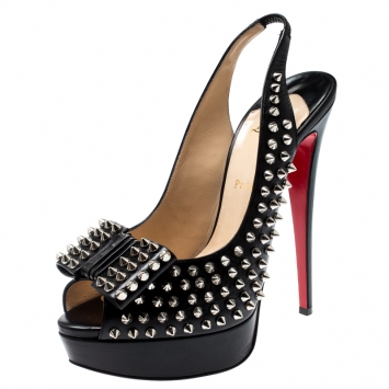 Pre Owned Christian Louboutin Black Spike Leather Clou Noeud Platform Slingback Sandals Size 41